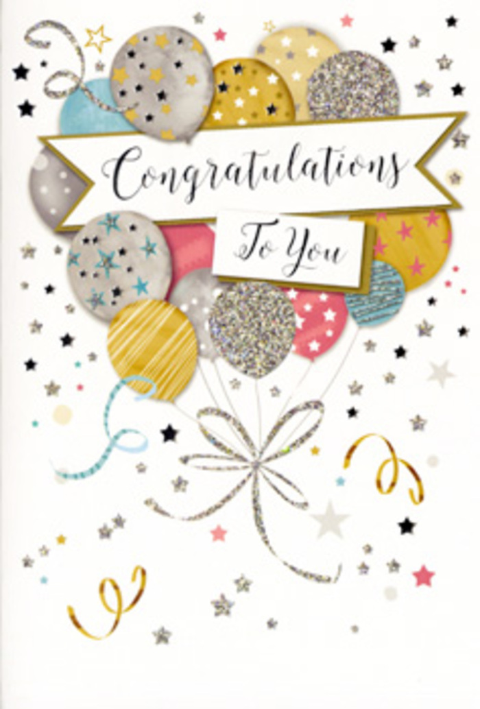 This congratulations card unfolds like a small, refined party captured on paper, its atmosphere reminiscent of a calm, joyful evening along Deptford's riverside. The focal point is a cluster of balloons gathered together in a loose bouquet, each one rounded and soft-edged, shaded in a harmonious palette of champagne gold, brushed silver, sky blue, delicate blush pink, and quiet grey. The balloons are embellished with dainty metallic details: some bear slender stripes, others are scattered with minuscule stars or fine glitter that appears to shimmer at the slightest hint of light. They overlap one another gently, giving the impression of depth and subtle movement, like balloons slowly rising toward a ceiling after being released at a small celebration. From their bases, elegant ribbons in gold and silver stream downward in curling lines, crossing and intertwining in an easy, natural way that echoes the flowing paths of ribbons and streamers seen at local events around Deptford High Street and Brookmill Park. The background is pale and uncluttered, sprinkled with tiny stars, dots, and swirling motifs that resemble confetti caught mid-air, adding a quiet sense of festivity without overwhelming the central design. Across the middle, a softly curved banner stretches out, carrying the word 'Congratulations' in beautifully scripted, slightly raised lettering that suggests the card has been crafted with care. The overall tone is celebratory yet sophisticated, making it suitable for marking everything from new jobs and graduations to personal accomplishments or new chapters in life. As a florist at Deptford Flowers, often asked to recommend cards to accompany special-occasion bouquets across Deptford, New Cross, and Greenwich, I see this design as a perfect finishing touch-elegant, heartfelt, and gently sparkling with pride.