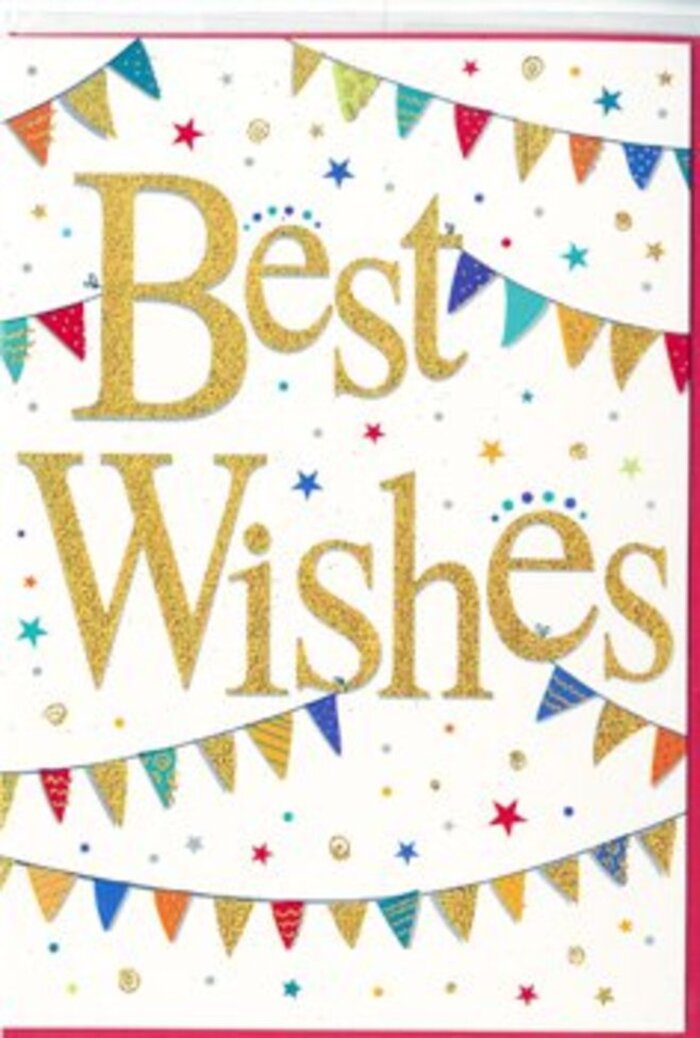 In this photograph, a celebratory Best Wishes card stands proudly, its design brimming with colour and optimism that feels perfectly at home in vibrant Deptford. The card is made from bright white card stock, smooth and clean, allowing the central greeting to truly shine. The words Best Wishes are written in a graceful, looping gold script that is slightly embossed, lending a tactile quality you can almost sense through the image. The gold has a glittered sheen, catching the light just enough to create a gentle sparkle, reminiscent of party lights glinting off windowpanes along nearby side streets. Curving above and below the words, delicate strings of bunting arc across the card like festive decorations strung overhead at a local gathering. Each small triangular pennant is painted in a lively palette of colours-rich reds, cool blues, fresh greens, bright yellows, and soft pinks. The flags are not uniform; some are adorned with neat stripes, others with scattered spots, and a few with complex, tile-like patterns, giving the impression of individually crafted pieces. Interspersed among these bunting strands are tiny star motifs and round confetti dots, lightly peppered across the white space in a carefree pattern that suggests movement and joy, like paper confetti floating down through the air. The design leaves enough breathing room for the eye to rest, keeping the focus on the golden message while still conveying a strong sense of celebration. This card feels ideal for congratulating someone on a new chapter, whether that's starting a new role near Deptford Station, celebrating a move into a first home, or marking a personal achievement. It carries the gentle, encouraging tone of a heartfelt note tucked into a bouquet, sending not just congratulations, but a genuine wish for happiness in the days ahead.