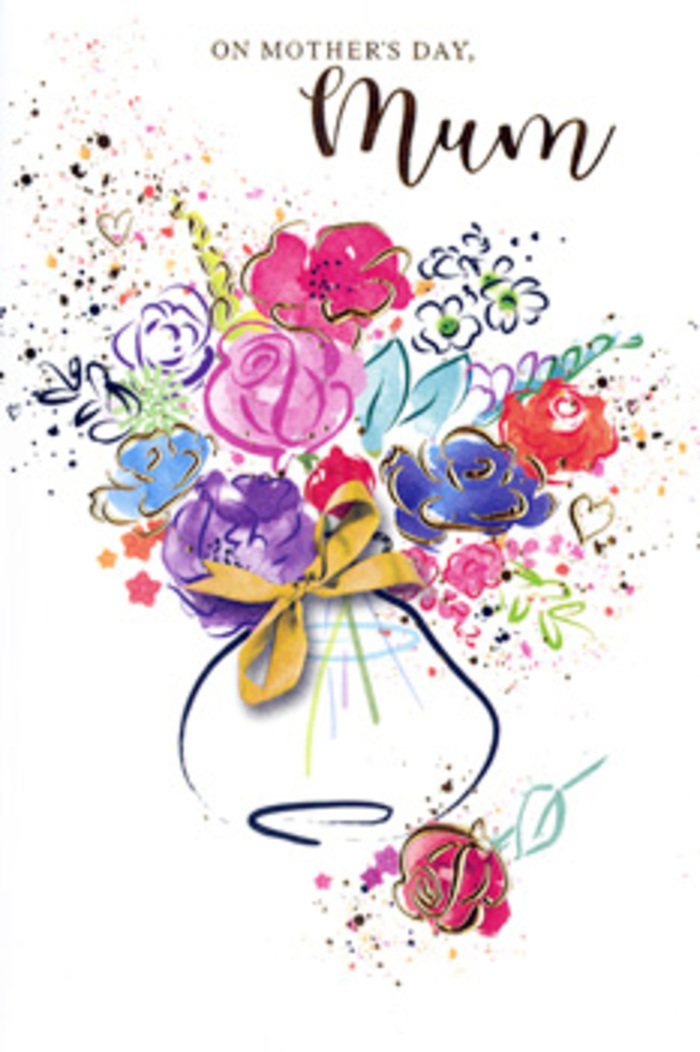 On this artistic Mother's Day card, a bouquet painted in free, flowing watercolour seems to hover weightlessly over a white backdrop. Broad petals in hot pink, fuchsia, and cerise form the main blossoms, with swooping indigo outlines that curve around each bloom, adding depth and quiet drama. Between them, smaller suggestions of blossoms appear in cool blue, misty lavender, and delicate apricot tones, creating the same lively mix of colour you might see in buckets of fresh flowers outside a Deptford florist near the station. Subtle strokes of metallic gold run like tiny rivers along some petals and leaves, providing a soft gleam that recalls late afternoon light glancing off townhouses and shopfronts. These golden touches gather at the base into a neat bow, implying that the flowers are cradled in a simple vase or hand-tied bundle, ready to be carried down to a mum's doorstep. The vase itself is only hinted at: a few soft, curved strokes suggest glass or ceramic, but remain almost translucent so the eye stays with the blooms. All around, droplets, splatters, and miniature heart shapes scatter across the card, bringing a sense of movement, as if the bouquet has just been lifted or set down with affection. There is a feeling of joyful spontaneity, yet each element leads gracefully into the next, like a well-composed arrangement. The overall impression is one of love made visible through colour-perfect for a Mother's Day message shared from a home in Deptford, filled with gratitude, respect, and gentle celebration.