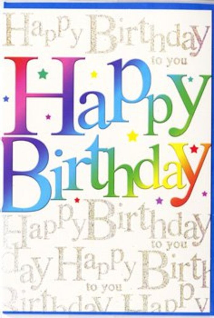 This image features a joyful birthday greeting card whose front design could easily brighten a living room shelf in a Deptford townhouse. Across the centre, the words Happy Birthday are displayed in big, cheerful letters that almost seem to dance. Each character is filled with a different hue, blending through a full rainbow spectrum-from bold crimson and hot pink through juicy orange and mellow yellow to fresh green, ocean blue, and royal purple. The colours transition smoothly from one letter to the next, creating a sense of movement and unity, much like the colourful market stalls and food stands around Deptford Market Yard. Behind this vibrant headline, the background remains softly muted in a light, neutral tone, acting as a calm canvas for a layer of delicate, gold-foil handwriting. This script repeats Happy Birthday to you in looping lines that wander across the card like a gentle melody, shimmering when the light hits at an angle, reminiscent of evening light playing across the river near Deptford Creek. The gold detail is fine and understated, offering a subtle sparkle that complements rather than competes with the rainbow message. Tiny flecks of colour and miniature star shapes punctuate the space around the wording, like little bursts of confetti caught in mid-flight. The card's surface appears smooth to the eye, yet the main lettering and metallic script likely provide a pleasing raised texture under the fingertips. Overall, the design combines bright, youthful energy with thoughtful detailing, making it a perfect choice for marking a special birthday with warmth, personality, and a sense of celebration that feels right at home in Deptford.