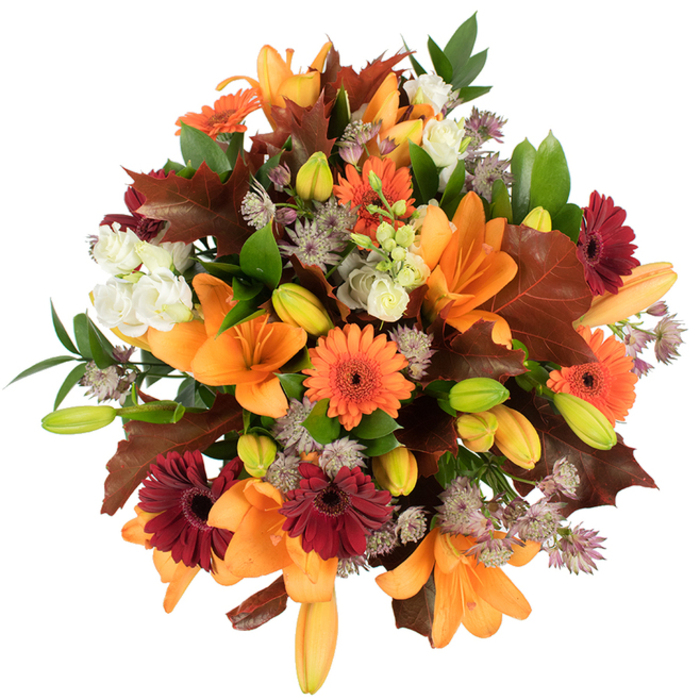 An elevated, intimate capture of a dense autumn bouquet rendered in warm, harvest tones, where several broad, vividly orange Asiatic lilies dominate the eye with their smooth, trumpet-like petals and prominent stamens. Around them a chorus of tightly furled lily buds-pale orange tipped with green-adds a feeling of anticipation, while bright orange and deep burgundy Gerbera daisies act as cheerful focal points with their radiating petals and pronounced dark centers. Creamy white Lisianthus, with layered, paper-soft petals, offer tender highlights that calm the richer hues, and clusters of Astrantia in lavender-grey create a fine, almost celestial texture among the larger forms. The design is grounded by broad, lobed leaves in deep reddish-brown and maroon, chosen to echo the local leaf-strewn pavements and parks of Deptford in the colder months; smaller vibrant green leaves provide contrast and structure so the bouquet reads as freshly gathered from a late-season garden. Shot under crisp lighting against white, the colours pop vividly-each petal edge and vein is visible, every fold of ruffle and curl rendered with clarity. The overall impression is one of abundance and careful craft: a low, rounded arrangement meant for centrepieces, a cosy dining table, or to bring the tactile warmth of autumn indoors. There is a subtle, sweet scent layered with dry, woody notes, as if the bouquet carries the memory of a riverside stroll beside Deptford Creek on an October afternoon-comforting, celebratory, and reassuringly seasonal.