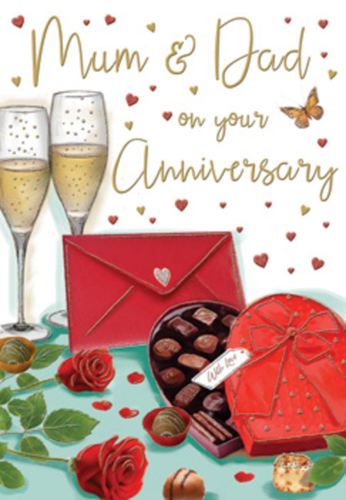 This richly detailed anniversary card design shows an intimate celebration scene that feels right at home in Deptford, like a quiet evening spent together after strolling along Deptford Creek. Dominating the centre, two slender champagne flutes stand side by side, their clear glass filled with golden, effervescent bubbles that rise in delicate streams and catch the light with a subtle sparkle. Next to them sits a generously sized heart-shaped box of chocolates, its deep, romantic red casing and bold bow creating a sense of indulgence and occasion. The lid is drawn back to reveal carefully arranged chocolates, each glossy piece sitting in its own little compartment, surfaces shining softly as if lit from above. Just beneath, two velvety red roses with rich, layered petals recline on the tabletop, set against fresh green leaves that add contrast and depth, reminiscent of fresh-cut stems arriving from local growers to Deptford Flowers. A few scattered chocolates rest outside the box, suggesting that a shared tasting has already begun. Floating around the central arrangement, tiny crimson and gold hearts drift playfully across the background, encircling the loving Mum & Dad inscription in a graceful, hand-lettered style. At the front of the composition, a vivid scarlet envelope lies sealed and slightly angled, promising a private message of affection. Soft highlights ripple across the glass flutes, the satin ribbon, and the polished chocolate surfaces, creating a warm, romantic atmosphere, like lamplight reflecting on a well-laid table at home. The overall effect is one of cosiness and gratitude, celebrating not just the date on the calendar but the shared journey that each anniversary represents.