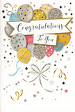This congratulations card feels like a gentle burst of happiness preserved on smooth, weighty cardstock, its design quietly echoing the creative vibrancy of Deptford's streets and studios. A cluster of balloons floats at the centre, rounded and glossy, rendered in soft, luminous tones of champagne gold, silver, sky blue, rose pink, and muted grey. Each balloon tells a slightly different story through its patterning: fine metallic stripes wrap around some, while others are sprinkled with tiny stars or delicate flecks of glitter, adding a subtle sense of texture and depth. They overlap gracefully, stacking in loose layers that suggest they are drifting upward together, like a celebratory bouquet held just above eye level. Slender ribbons in gold and silver stream from their bases, curling and looping in gentle arcs that cross and intertwine, calling to mind the playful sway of decorations at a neighbourhood gathering near Deptford Market Yard. The background remains soft and open, dusted with miniature metallic stars, tiny confetti dots, and light swirling lines that enhance the impression of floating, weightless joy. Cutting across the centre, a ribbon-like banner carries the word 'Congratulations' in a flowing, traditional script, its slightly arched shape giving the message an almost banner-in-the-sky feel. The mood is quietly festive rather than loud, making this design perfect for pairing with a bouquet to mark promotions, exam successes, creative achievements, or fresh starts. As a local florist often helping customers across Deptford and New Cross choose the right card to complement their flowers, I imagine this one adding a warm, shimmering note of pride to any moment when someone's hard work and determination truly deserve to be recognised.