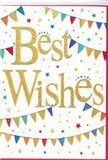The card in the image radiates a bright, uplifting charm, like a little slice of a Deptford street party captured in paper form. Printed on a crisp white background, the central message, Best Wishes, is rendered in an elegant gold script that curls gracefully across the card. The letters are slightly raised and dusted with fine glitter, catching the light to create a soft, luxurious shimmer that draws the eye immediately. Encircling this golden greeting, strings of bunting sweep across the top and bottom edges, creating gentle arcs that echo the shape of festive garlands strung over a courtyard off Deptford High Street. Each tiny triangular pennant along the bunting is vividly coloured-bold blues, deep reds, fresh greens, lemony yellows, and pops of pink-bringing a joyful sense of variety. The flags are embellished with an assortment of patterns: some striped, some dotted, and others featuring intricate mosaic-like designs, which add texture and visual interest. Scattered around the bunting and lettering are small star shapes and confetti-style dots in coordinating colours, sprinkled loosely across the white space as though tossed in celebration. The composition feels open and airy, with enough space between elements to keep the design refined rather than cluttered. The overall mood is one of sincere celebration and hope, suitable for any milestone: a new job, exam success, a move closer to the river, or the start of a fresh adventure. It's the sort of card a local florist might pair with a bright bouquet, delivering a message of encouragement and happiness that feels both personal and heartfelt.
