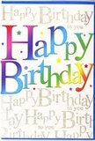 A colourful birthday card is shown, its design radiating the same upbeat spirit you might feel walking through Deptford on a sunny afternoon. Boldly centred on the front are the words Happy Birthday, set in generous, rounded letters that glide through a sequence of vivid colours. From rich red and warm orange to bright yellow, fresh green, turquoise, and deep violet, each letter carries its own vibrant shade, blending gently into the next like a string of rainbow lights above Deptford High Street. The colours are full and saturated, giving the illusion of soft airbrushed edges that add depth and dimension. Behind this eye-catching greeting, the background is a pale, calming tone over which fine lines of gold-foil script repeat the phrase Happy Birthday to you. The script loops gracefully, like handwriting in a cherished card, and the metallic sheen flickers subtly as though catching light from a nearby window in a Deptford café. This golden layer adds a refined, almost delicate atmosphere, underneath the playful main message. Scattered around the text, tiny specks and slender stars of colour add an extra note of festivity, echoing the feel of confetti drifting to rest after a birthday toast. The overall surface appears smooth with raised, tactile elements where the main letters and foiling sit. Together, the bold rainbow text, shimmering gold script, and soft background create a card that feels joyful, affectionate, and thoughtfully designed-just right for celebrating a birthday in Deptford with both fun and heartfelt warmth.