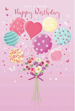 A whimsical birthday celebration floats across this illustration, evoking the light-hearted spirit you might feel wandering through Deptford on a bright spring morning. The scene is set on a soft pink canvas, calm and inviting, with pastel balloons drifting upward in a gentle arc. Each balloon has its own unique personality: some spin with candy-coloured stripes, others are sprinkled with playful polka dots, and a central heart-shaped balloon radiates quiet affection. Their colours-creamy ivory, blush pink, gentle mauve, butter-yellow, and cool teal-blend together in a pastel harmony that feels soothing and joyful at once. Fine strings trail from the balloons to a gathered bouquet at the base, where delicate roses and anemone-like blossoms cluster tightly together. The petals seem feathery and soft, layered in shades that mirror the balloons above, as though the bouquet were freshly hand-tied at Deptford Flowers for a special birthday delivery nearby. The flowers' imagined scent is light and sweet, filling the air with the comforting aroma of fresh blooms. A violet satin bow wraps around the stems, its sheen catching the same imagined light that glints along the balloon surfaces. Scattered around the arrangement, tiny stars and fluttering butterflies add a fairy-tale touch, suggesting a birthday wish carried gently on the breeze. The overall mood is airy, sweet, and perfectly festive-a design that captures the joy of an unforgettable birthday, expressed through colour, movement, and the timeless charm of flowers and balloons.
