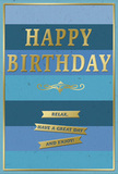 This birthday card exudes a gentle, composed joy, its cool blue stripes and golden details feeling perfectly in tune with an unhurried afternoon in Deptford. The design begins with a series of generous horizontal bands that progress from dark navy at the top through mid-toned blues and teal to a soft, airy blue at the bottom, echoing the colour shifts you see walking from the shaded streets by Deptford station out towards the wider sky near the river. These stripes are matte and evenly spaced, giving the card a steady, grounded presence. Centred across this tranquil backdrop, HAPPY BIRTHDAY appears in large, embossed capital letters, pressed deeply into the card and finished in luminous gold foil. The metallic surface picks up even the slightest light, creating tiny glints that feel like candle flames or reflections on Deptford Creek at dusk. Just underneath the main greeting, a single golden flourish curves in a decorative scroll, adding a touch of graceful ornament. Beneath it, three slender gold banners are stacked neatly, each one carrying a portion of the warm, informal message: Relax, have a great day and enjoy! The foil elements are slightly raised under the fingers, providing a subtle tactile counterpoint to the smooth, cool blue base. A fine gold border encloses the entire composition, sharp and clean, like the crisp lines of new shopfronts along Deptford High Street. Overall, the card feels quietly luxurious and deeply kind-a thoughtful way to send birthday wishes that focus on ease and contentment, especially when paired with fresh flowers delivered locally across Deptford's homes and studios.
