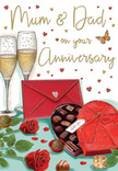 This anniversary card artwork captures a warmly romantic still life that could easily sit on a table in a Deptford flat, ready for Mum & Dad to begin their evening celebration. At its heart stand two tall champagne flutes, their stems slender and graceful, filled with golden champagne fizzing with tiny bubbles that seem to glow from within. To one side rests an inviting heart-shaped box of chocolates, rendered in a deep red tone with a luscious, oversized bow that appears almost touchable, its satin folds highlighted to show soft sheen and depth. The lid is open, revealing an array of chocolates nestled neatly inside, each individual piece catching a small gleam of light to suggest its smooth, rich surface. Nearby, two red roses lie tenderly on the tabletop, framed by fresh green leaves; their plush petals curl and fold in layers, just like freshly cut blooms collected the same day from a florist on Deptford High Street. A sprinkling of tiny crimson and gold hearts dances across the background, curving protectively around the handwritten Mum & Dad message, which gives the design an intimate, family-focused feel. In front, a bright scarlet envelope rests sealed, slightly tilted as though just placed there with care, hinting at loving words hidden inside. Gentle reflections and glimmers of light on the glasses, chocolates, and roses add a soft, candlelit glow, as if the scene is set for a quiet toast and shared treats. Together, these details convey comfort, romance, and the simple happiness of celebrating another year side by side.